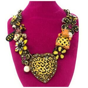 Betsey Johnson Safari Jungle Love Heart Lion Monkey Hippo Flower Necklace